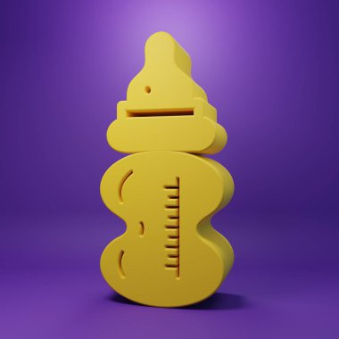 Sarı bebek ikonu mor arka planda izole edilmiş. Beslenme şişesi simgesi. Süt şişesi tabelası. Minimalizm kavramı. 3 Boyutlu resimleme.