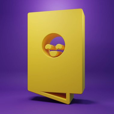 Sarı Bebek partisi davetiyeleri, poster, selamlama, şablon, mor arkaplanda izole edilmiş leylek simgesi. Doğum günün kutlu olsun. Minimalizm kavramı. 3 Boyutlu resimleme.