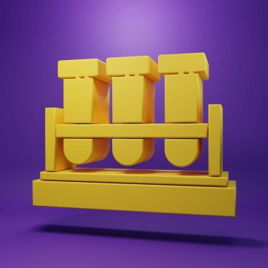 Sarı test tüpü ve mor arka planda izole edilmiş kimyasal test ikonu. Laboratuvar cam levhası. Minimalizm kavramı. 3 Boyutlu resimleme.