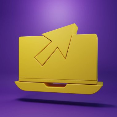 Sarı dizüstü bilgisayar ve imleç simgesi mor arkaplanda izole edildi. Boş ekran işaretli bilgisayar defteri. Minimalizm kavramı. 3 Boyutlu resimleme.