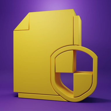 Sarı Belge koruma konsepti simgesi mor arkaplanda izole edildi. Gizli bilgi ve gizlilik fikri, güvenlik, koruma, kalkan. Minimalizm kavramı. 3 Boyutlu resimleme.