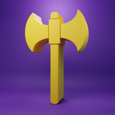 Sarı Ortaçağ balta simgesi mor arkaplanda izole edilmiş. Savaş baltası, cellat baltası. Minimalizm kavramı. 3 Boyutlu resimleme.