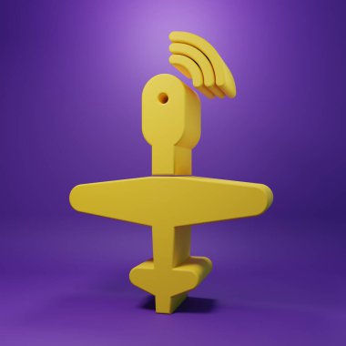 Mor arkaplanda izole edilmiş sarı UAV İHA simgesi. Askeri İnsansız Uçak Casusu. Minimalizm kavramı. 3 Boyutlu resimleme.