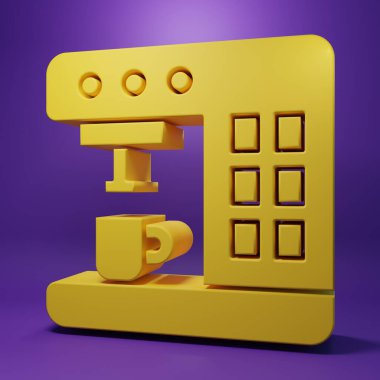 Sarı kahve makinesi simgesi mor arkaplanda izole edilmiş. Minimalizm kavramı. 3 Boyutlu resimleme.
