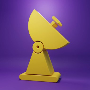 Sarı Radar simgesi mor arkaplanda izole edildi. Arama sistemi. Uydu sinyali. Minimalizm kavramı. 3 Boyutlu resimleme.