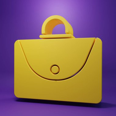 Sarı Evrak Çantası simgesi mor arkaplanda izole edildi. İş ilanı. İş portföyü. Minimalizm kavramı. 3 Boyutlu resimleme.