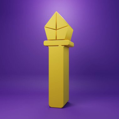 Sarı Sihirli asa simgesi mor arkaplanda izole edildi. Sihirli değnek, asa, değnek, değnek. Minimalizm kavramı. 3 Boyutlu resimleme.