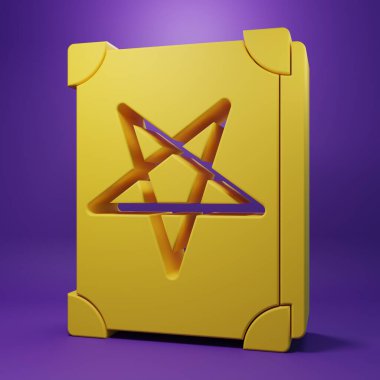 Eflatun arka planda izole edilmiş, simya tarifleri, mistik büyüler ve büyüler içeren sarı antik büyü kitabı. Minimalizm kavramı. 3 Boyutlu resimleme.