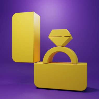 Sarı Elmas nişan yüzüğü ikonu mor arkaplanda izole edilmiş. Minimalizm kavramı. 3 Boyutlu resimleme.