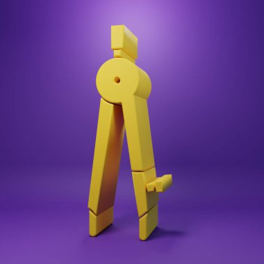 Sarı Çizim pusula simgesi mor arkaplanda izole edildi. Pusula işareti. Çizim ve eğitim araçları. Geometrik alet. Minimalizm kavramı. 3 Boyutlu resimleme.