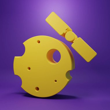 Dünya 'nın yörüngesinde dönen sarı yapay uydular mor arkaplanda izole edilmiş uzay ikonu. İletişim, navigasyon konsepti. Minimalizm kavramı. 3 Boyutlu resimleme.