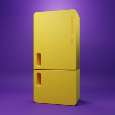 Sarı Buzdolabı simgesi mor arkaplanda izole edilmiş. Buzdolabı buzdolabı. Ev aletleri ve aletler. Minimalizm kavramı. 3 Boyutlu resimleme.
