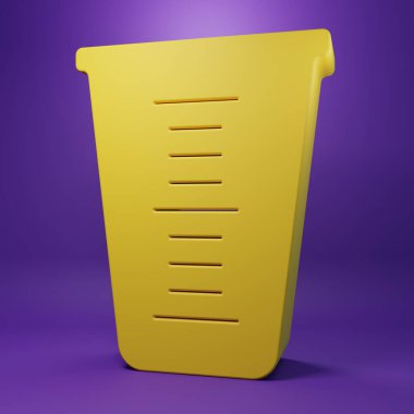 Mor zemin üzerinde izole edilmiş kuru ve sıvı yiyecek ikonunu ölçmek için sarı ölçü kabı. Plastik şişenin sapı var. Minimalizm kavramı. 3 Boyutlu resimleme.