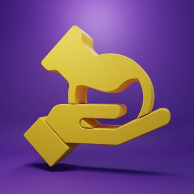 Sarı test tüpü ve el ikonunda mor arka planda izole edilmiş şişe. Kimyasal laboratuvar testi. Laboratuvar camları. Minimalizm kavramı. 3 Boyutlu resimleme.