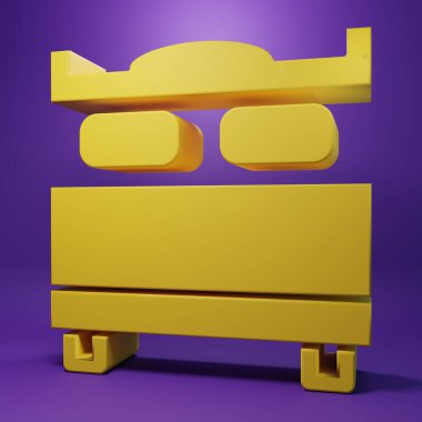 Sarı yatak odası simgesi mor arkaplanda izole edilmiş. Düğün, aşk, evlilik sembolü. Balayı koleksiyonundan yatak odası yaratıcı ikonu. Minimalizm kavramı. 3 Boyutlu resimleme.