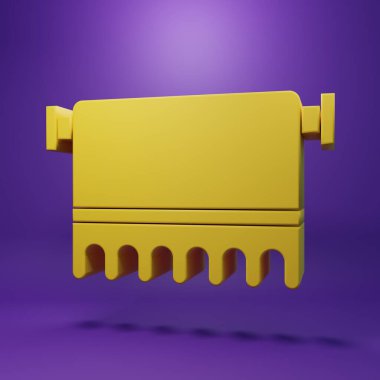 Askı simgesinde sarı havlu, mor arkaplanda izole edilmiş. Banyo havlusu ikonu. Minimalizm kavramı. 3 Boyutlu resimleme .