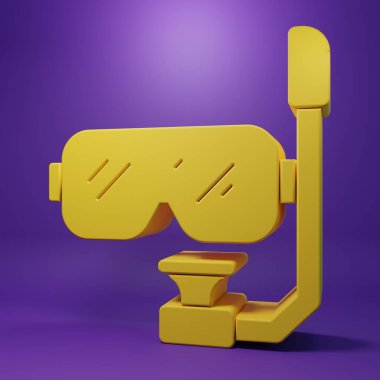 Sarı dalış maskesi ve şnorkel ikonu mor arkaplanda izole edilmiş. Olağanüstü bir spor. Su altı ekipmanları. Minimalizm kavramı. 3 Boyutlu resimleme .