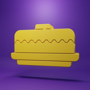 Sarı Kek simgesi mor arkaplanda izole edildi. Doğum günün kutlu olsun. Minimalizm kavramı. 3 Boyutlu resimleme .