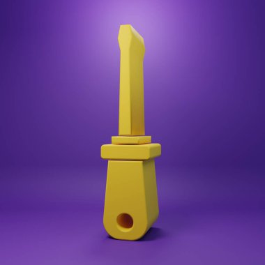 Sarı tornavida simgesi mor arkaplanda izole edildi. Servis aracı sembolü. Minimalizm kavramı. 3 Boyutlu resimleme .