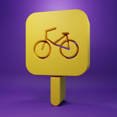 Sarı bisiklet park ikonu mor arka planda izole edilmiş. Minimalizm kavramı. 3 Boyutlu resimleme .