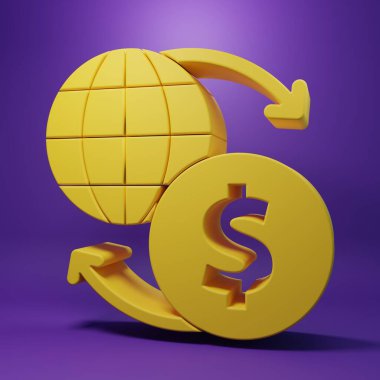Sarı Para Takas simgesi mor arkaplanda izole edildi. Euro ve Dolar para transferi sembolü. Bankacılık işareti. Minimalizm kavramı. 3 Boyutlu resimleme .