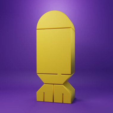 Sarı Havacılık bomba ikonu, mor arka planda izole edildi. Roket bombası düşüyor. Minimalizm kavramı. 3 Boyutlu resimleme .