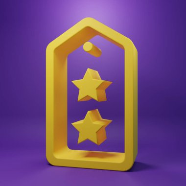 Sarı askeri rütbe simgesi, mor arka planda izole edilmiş. Askeri rozet işareti. Minimalizm kavramı. 3 Boyutlu resimleme .