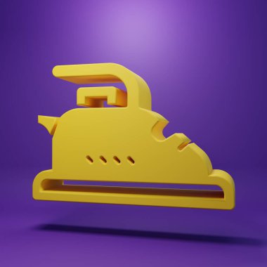 Sarı elektrikli demir ikonu mor arkaplanda izole edilmiş. Buhar ütüsü. Minimalizm kavramı. 3 Boyutlu resimleme .