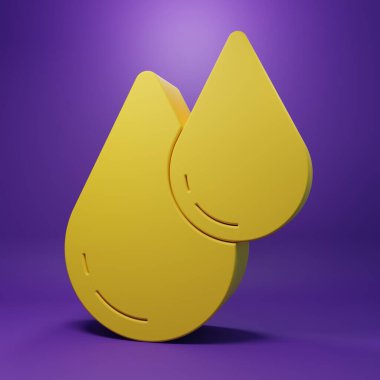 Sarı su damlası simgesi mor arkaplanda izole edildi. Minimalizm kavramı. 3 Boyutlu resimleme .