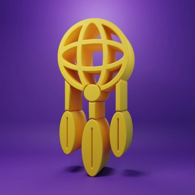 Sarı Rüya Yakalayıcı 'nın mor arka planında tüy ikonu var. Minimalizm kavramı. 3 Boyutlu resimleme .