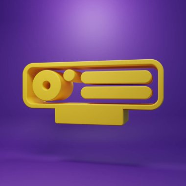 Sarı Web kamera simgesi mor arkaplanda izole edildi. Sohbet kamerası. Web kamerası simgesi. Minimalizm kavramı. 3 Boyutlu resimleme .