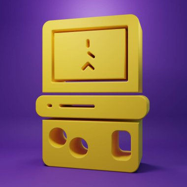 Sarı Portable tetris elektronik oyun simgesi mor arkaplanda izole edildi. Klasik bir cep tuğlası oyunu. Etkileşimli oyun aygıtı. Minimalizm kavramı. 3 Boyutlu resimleme .