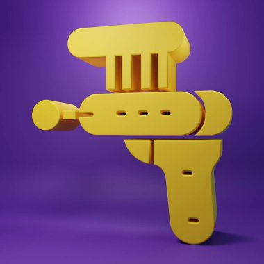 Sarı ışın tabancası ikonu mor arkaplanda izole edildi. Lazer silahı. Uzay silahı. Minimalizm kavramı. 3 Boyutlu resimleme .