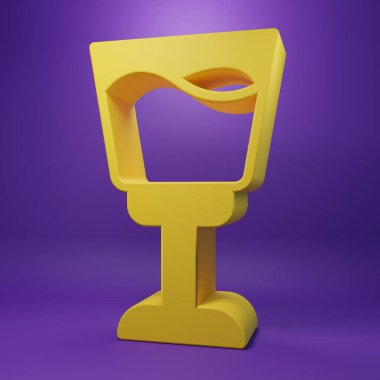 Mor arkaplanda izole edilmiş sarı şarap cam ikonu. Şarap kadehi işareti. Minimalizm kavramı. 3 Boyutlu resimleme .