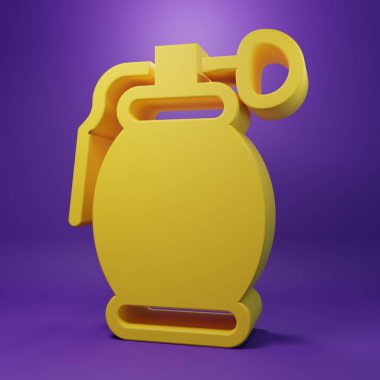 Sarı El bombası ikonu mor arkaplanda izole edilmiş. Bomba patlaması. Minimalizm kavramı. 3 Boyutlu resimleme .