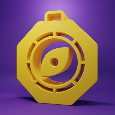 Sarı Pusula simgesi mor arkaplanda izole edildi. Rüzgâr yön bulma sembolü. Rüzgar gül işareti. Minimalizm kavramı. 3 Boyutlu resimleme.