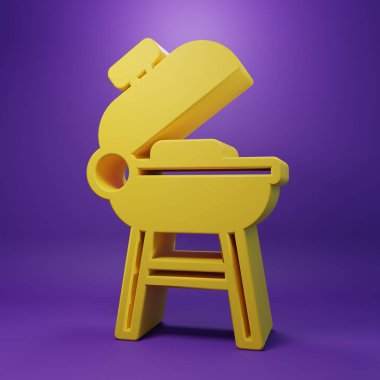 Sarı Izgara Izgara ikonu mor arkaplanda izole edildi. Barbekü ızgara partisi. Minimalizm kavramı. 3 Boyutlu resimleme.