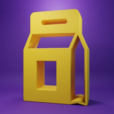 Mor arkaplanda izole edilmiş otomatik çamaşır makinesi ikonu için sarı deterjan. Minimalizm kavramı. 3 Boyutlu resimleme.