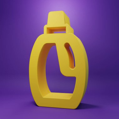 Çamaşır deterjanı, çamaşır suyu, bulaşık deterjanı ya da mor arka planda izole edilmiş başka bir temizlik maddesi ikonu için sarı plastik şişe. Minimalizm kavramı. 3 Boyutlu resimleme.