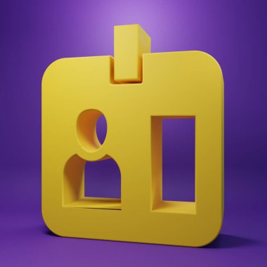 Sarı Basın gazetecisinin dikey rozet simgesi mor arkaplanda izole edildi. Medya kimlik kartı. Minimalizm kavramı. 3 Boyutlu resimleme.