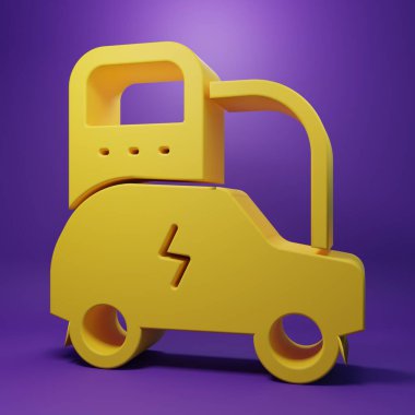 Sarı elektrikli araba ve elektrik kablosu şarj ikonu mor arka planda izole edilmiş. Yenilenebilir ekolojik teknolojiler. Minimalizm kavramı. 3 Boyutlu resimleme.