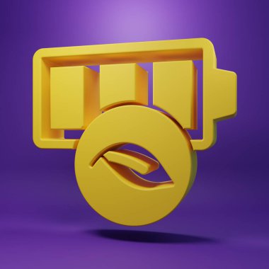 Sarı eko doğa yaprağı ve pil ikonu mor arkaplanda izole edilmiş. Enerji, ekoloji tasarruf kavramına dayanır. Minimalizm kavramı. 3 Boyutlu resimleme.