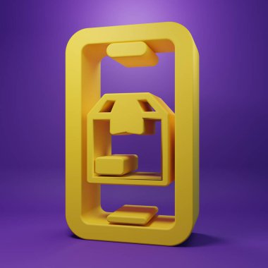 Mor arkaplanda izole edilmiş uygulama dağıtım simgesine sahip sarı mobil akıllı telefon. Paket takibi. Minimalizm kavramı. 3 Boyutlu resimleme.