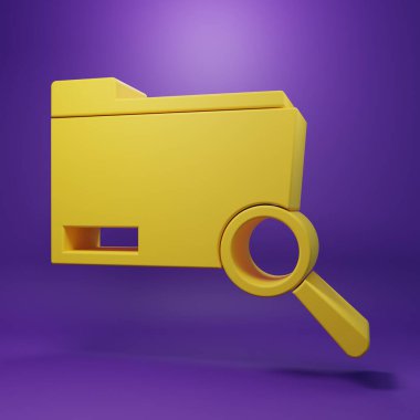 Mor arkaplanda dizin simgesi olan sarı arama kavramı. Büyüteç ve belge. Veri ve bilgi işareti. Minimalizm kavramı. 3 Boyutlu resimleme.