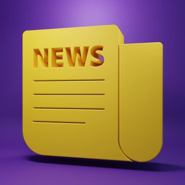 Sarı Haber simgesi mor arkaplanda izole edildi. Gazete tabelası. Kitle iletişim sembolü. Minimalizm kavramı. 3 Boyutlu resimleme.