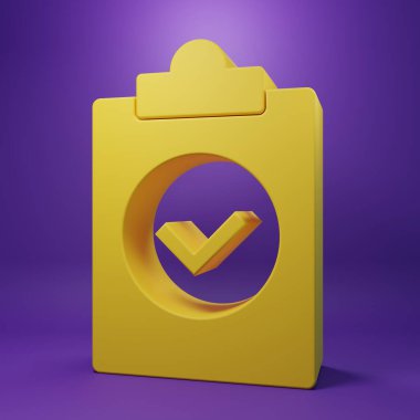 Sarı Tamamlanmış görev simgesi mor arkaplanda izole edildi. Uyum teftişi onaylandı. Kontrol listesi işareti. Onaylanmış belge sembolü. Minimalizm kavramı. 3 Boyutlu resimleme.