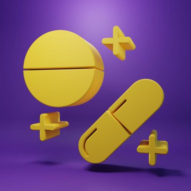 Sarı İlaç hapı ya da mor arka planda izole edilmiş tablet ikonu. Kapsül hapı ve uyuşturucu işareti. Eczane tasarımı. Minimalizm kavramı. 3 Boyutlu resimleme.