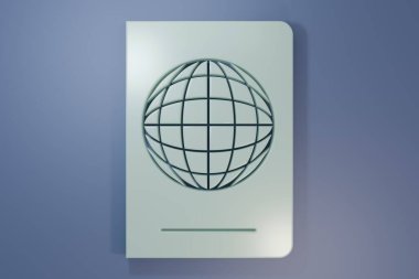 Mor-mavi arka planda izole edilmiş biyometrik veri simgesine sahip gri pasaport. Kimlik Belgesi. Minimalizm kavramı. 3 Boyutlu resimleme.