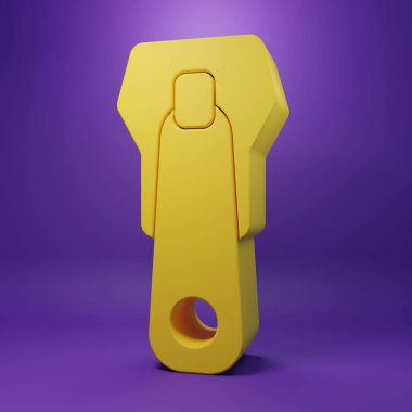 Sarı fermuar simgesi mor arkaplanda izole edilmiş. Minimalizm kavramı. 3 Boyutlu resimleme.