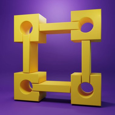 Sarı engelleme teknolojisi simgesi mor arkaplanda izole edildi. Kripto para birimi verileri. Soyut geometrik blok zincir ağ teknolojisi işi. Minimalizm kavramı. 3 Boyutlu resimleme.